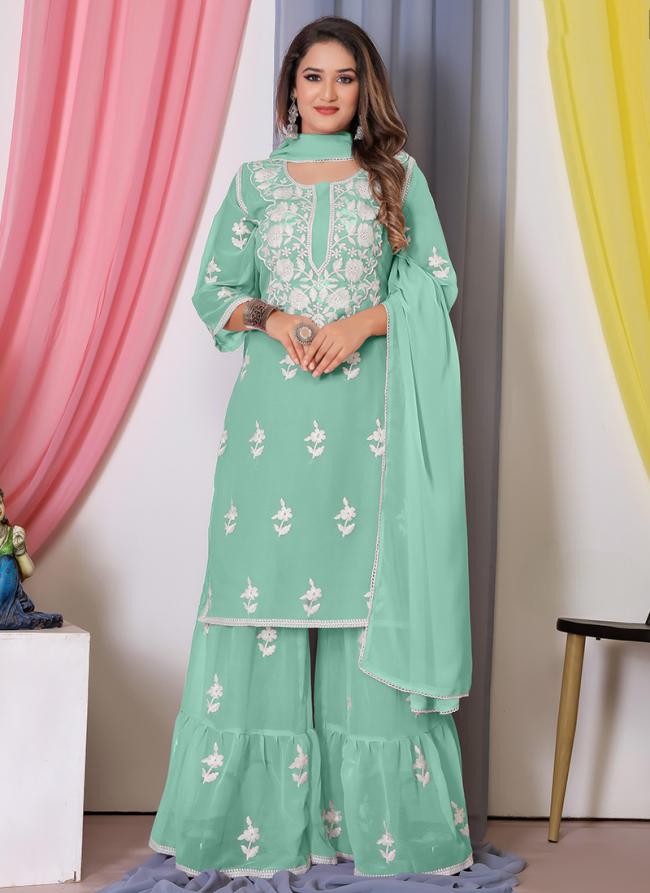 Georgette Pista Green Eid Wear Embroidery Work Readymade Salwar Suit